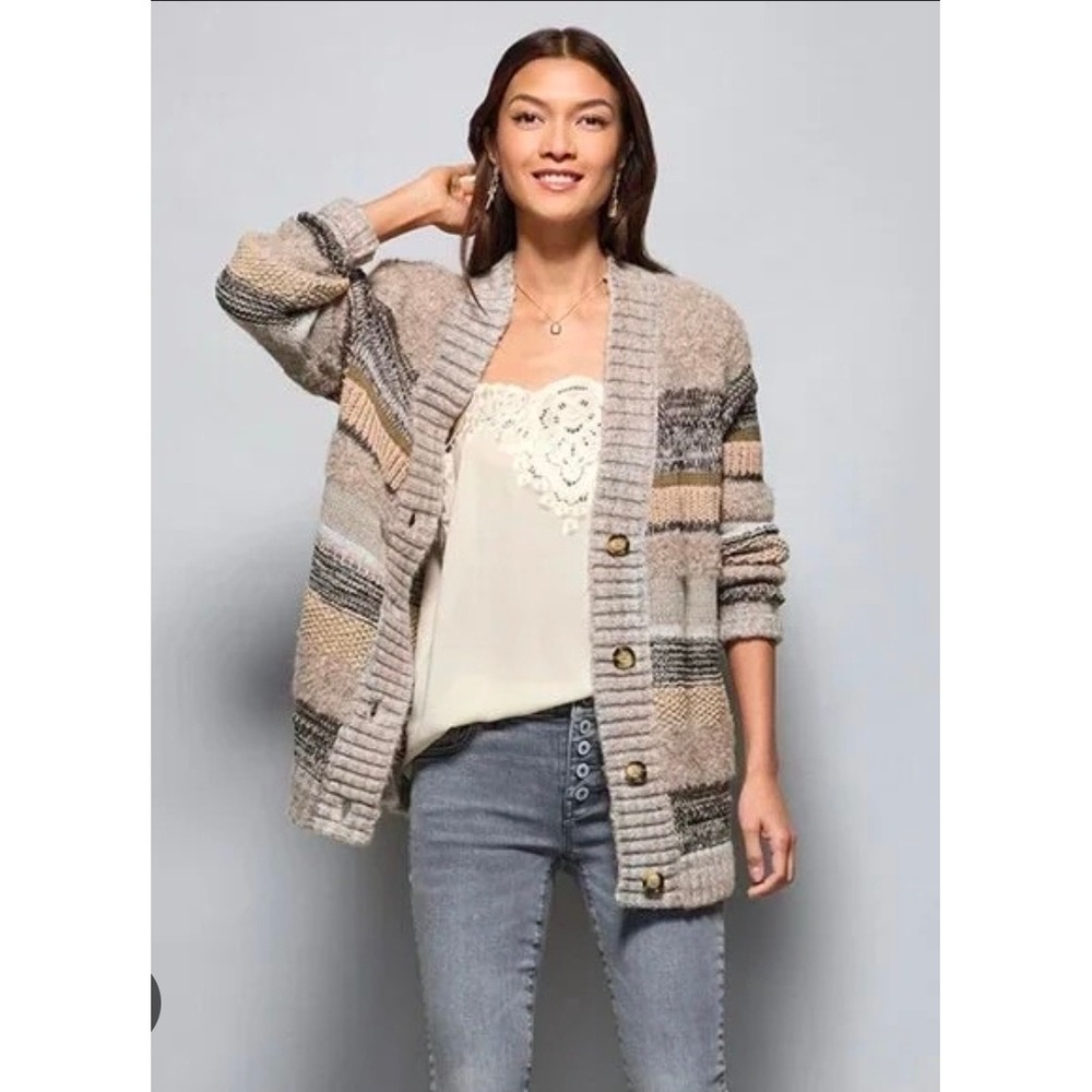 Cabi Boyfriend Cardigan Striped‎ V Neck Button Front Sweater Women's Size Medium